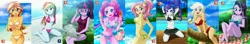 Size: 5655x1000 | Tagged: suggestive, alternate version, artist:uotapo, derpibooru import, edit, applejack, fluttershy, pinkie pie, rainbow dash, rarity, sci-twi, starlight glimmer, sunset shimmer, twilight sparkle, equestria girls, arm behind head, armpits, attached skirt, barefoot, beach, beach babe, beanie, belly button, bicolor swimsuit, bikini, bikini babe, black swimsuit, blue swimsuit, blushing, book, bottle, bow, bow swimsuit, braided ponytail, breasts, busty applejack, busty fluttershy, busty pinkie pie, busty rarity, busty starlight glimmer, busty sunset shimmer, cleavage, clothes, cloud, collage, computer, cutie mark swimsuit, dork, ear piercing, earring, feet, female, food, freckles, frilled swimsuit, glasses, green swimsuit, happy, hat, humane eight, humane five, humane seven, humane six, ice cream, ice cream cone, incorrect foot anatomy, jeweled swimsuit, jewelry, kneeling, lacy bikini, laptop computer, looking at you, mane six, mountain dew, multicolored hair, o-ring swimsuit, one-piece swimsuit, orange swimsuit, palm tree, partial nudity, patreon, patreon logo, piercing, pink swimsuit, ponytail, print clothing, product placement, purple swimsuit, rash guard, reading, red swimsuit, school swimsuit, sexy, shadowbolts swimsuit, side-tie bikini, skirt, smiling, soft serve, straddling, string bikini, striped swimsuit, stupid sexy pinkie, stupid sexy starlight glimmer, swimming pool, swimsuit, tree, underass, underboob, wall of tags, water, water park