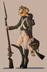 Size: 991x1500 | Tagged: anthro, applejack, artist:madhotaru, backpack, bayonet, boots, clothes, derpibooru import, gun, hat, military uniform, musket, rifle, safe, shoes, simple background, soldier, solo, uniform, weapon