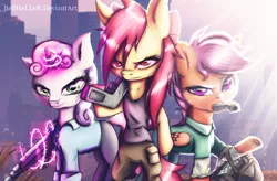 Size: 2870x1882 | Tagged: dead source, safe, artist:bellheller, derpibooru import, apple bloom, scootaloo, sweetie belle, earth pony, pegasus, pony, unicorn, bag, bipedal, clothes, crossover, cutie mark crusaders, grand theft auto, gta v, levitation, magic, mouth hold, older, pants, telekinesis