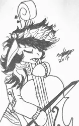 Size: 1621x2579 | Tagged: safe, artist:brainiac, derpibooru import, oc, oc:blackjack, unofficial characters only, unicorn, fallout equestria, black and white, cello, clothes, compact horn, female, floppy ears, grayscale, inktober, inktober 2017, mare, monochrome, musical instrument, solo, traditional art, windswept mane