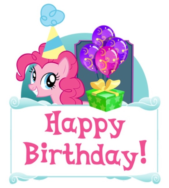 Size: 584x646 | Tagged: safe, derpibooru import, pinkie pie, balloon, grin, happy birthday, hat, party hat, present, smiling, solo