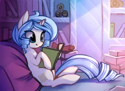 Size: 2700x1950 | Tagged: safe, artist:starshinebeast, derpibooru import, oc, oc:opuscule antiquity, unofficial characters only, pony, unicorn, book, female, library, mare, reading, sitting, solo