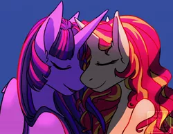 Size: 1280x996 | Tagged: safe, artist:pastel-pony-pictures, deleted from derpibooru, derpibooru import, sunset shimmer, twilight sparkle, twilight sparkle (alicorn), alicorn, anthro, pony, unicorn, duo, eyes closed, female, horns are touching, lesbian, mare, shipping, signature, smiling, sunsetsparkle