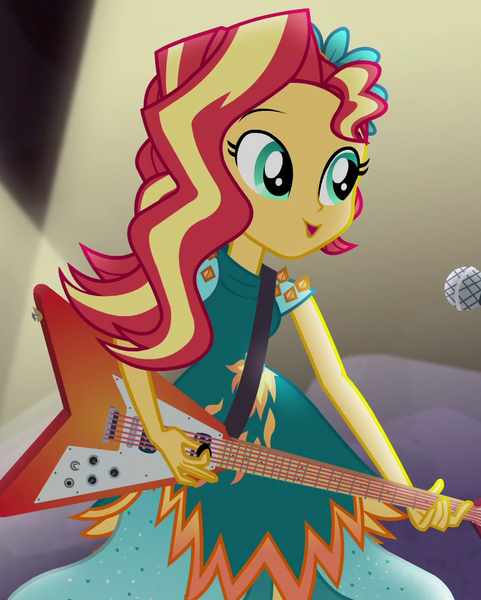 Size: 790x985 | Tagged: safe, derpibooru import, screencap, sunset shimmer, equestria girls, legend of everfree, alternate hairstyle, clothes, cropped, crystal gala, dress, electric guitar, female, guitar, legend you were meant to be, microphone, open mouth, solo
