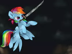 Size: 2048x1536 | Tagged: safe, artist:pinkflutter, derpibooru import, rainbow dash, pegasus, pony, my little pony: the movie, cute, dashabetes, female, mare, pirate rainbow dash, simple background, smiling, solo, sword, weapon