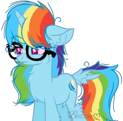 Size: 690x678 | Tagged: safe, artist:bezziie, derpibooru import, rainbow dash, pony, unicorn, alternate cutie mark, alternate universe, chest fluff, fluffy, glasses, messy mane, race swap, simple background, solo, tail feathers, transparent background