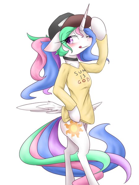 Size: 1200x1600 | Tagged: artist:azurepicker, butt wings, clothes, derpibooru import, hat, princess celestia, safe, shirt, simple background, solo