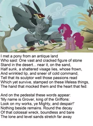 Size: 1920x2592 | Tagged: safe, derpibooru import, king grover, pinkie pie, earth pony, gryphon, pony, griffonstone, ozymandias, percy bysshe shelley, poem, poetry, ruins, statue