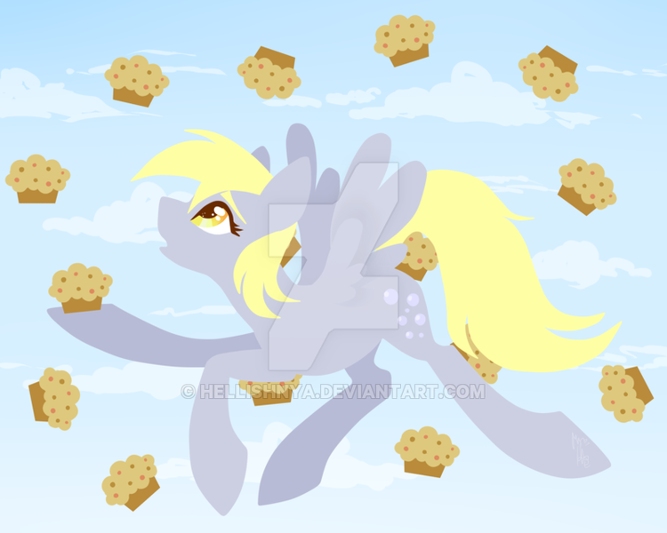 Size: 800x640 | Tagged: safe, artist:hellishnya, derpibooru import, derpy hooves, pegasus, pony, flying, food, muffin, sky, solo, watermark