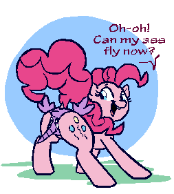 Size: 253x281 | Tagged: suggestive, artist:whateverbender, derpibooru import, edit, pinkie pie, twilight sparkle, twilight sparkle (alicorn), alicorn, pony, animated, butt wings, clothing transformation, dock, frame by frame, gif, inanimate tf, looking back, open mouth, raised tail, smiling, squigglevision, tail, transformation, wat