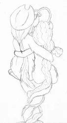 Size: 1297x2379 | Tagged: artist:wesleyfoxx, both cutie marks, bright mac, derpibooru import, hug, intertwined tails, monochrome, monster pony, original species, pear butter, pencil drawing, rear view, safe, sketch, species swap, tatzlpony, tentacles, tentacle tongue