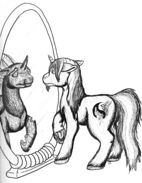 Size: 776x1000 | Tagged: safe, artist:bluebirdsolstice, derpibooru import, oc, unofficial characters only, changeling, unicorn, changeling oc, inktober, inktober 2017, mirror, monochrome, reflection, solo