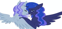 Size: 1023x488 | Tagged: alicorn, alicorn oc, artist:ficklepickle9421, crying, derpibooru import, female, magical lesbian spawn, maternaluna, mother and daughter, motherly, motherly love, oc, oc:winter lily, offspring, parent:oc:snowdrop, parent:princess luna, parents:canon x oc, princess luna, safe