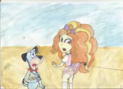 Size: 2338x1700 | Tagged: suggestive, artist:marrabo, derpibooru import, adagio dazzle, equestria girls, assisted exposure, bow, bowtie, clothes, crossover, hanna barbera, hook, huckleberry hound, panties, pants, pink underwear, sand, skirt, skirt lift, socks, traditional art, underwear, upskirt, yogi's treasure hunt