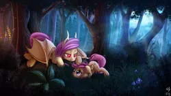 Size: 1920x1080 | Tagged: safe, artist:anti1mozg, artist:atlas-66, derpibooru import, fluttershy, scootaloo, bat pony, pegasus, pony, collaboration, cute, cutealoo, fangs, female, filly, flutterbat, forest, grass, mare, moonlight, night, race swap, scenery, scootalove, shyabates, shyabetes, smiling