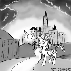 Size: 1000x1000 | Tagged: safe, artist:mitconnors, derpibooru import, twilight sparkle, twilight sparkle (alicorn), alicorn, pony, castle, crossover, fanart mashup challenge, hyrule, monochrome, navi, style emulation, the legend of zelda