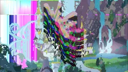 Size: 1366x768 | Tagged: artist:wheredamaresat, ayylmao, canterlot, corrupted, databending, derpibooru import, drugs are bad, edit, error, falling, glitch, glitch art, pinkie pie, safe, screencap