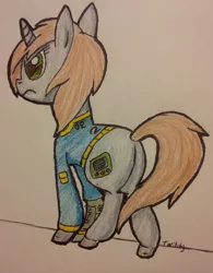 Size: 2064x2648 | Tagged: safe, artist:twitchy-tremor, derpibooru import, oc, oc:littlepip, unofficial characters only, pony, unicorn, fallout equestria, fanfic, clothes, fanfic art, female, mare, pipbuck, simple background, solo, stable 2, stable-tec, traditional art, vault suit
