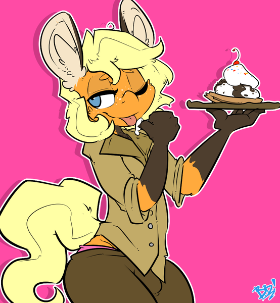 Size: 1085x1176 | Tagged: safe, artist:bbsartboutique, derpibooru import, oc, oc:blank leaves, unofficial characters only, anthro, earth pony, clothes, food, licking, male, sundae, tongue out