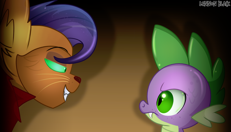 Size: 1400x800 | Tagged: abyssinian, anthro, artist:lennonblack, capper dapperpaws, cat, clothes, derpibooru import, dragon, fangs, grin, looking at each other, my little pony: the movie, safe, shipping war, smiling, spike