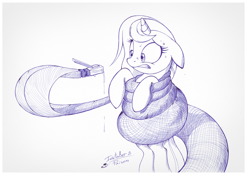 Size: 1073x759 | Tagged: safe, artist:sherwoodwhisper, derpibooru import, oc, oc:eri, unofficial characters only, pony, snake, unicorn, animate object, cable, coils, constriction, ethernet, female, filly, inktober, inktober 2017, monochrome, traditional art