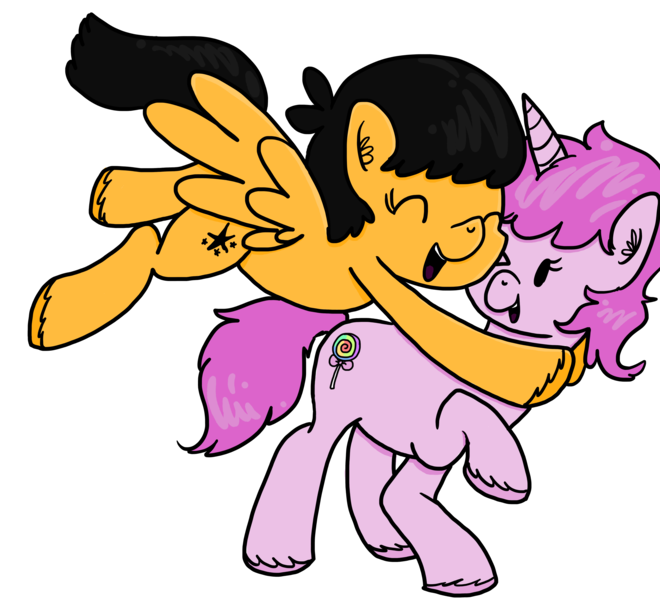 Size: 3000x2727 | Tagged: safe, artist:raptorfarts, derpibooru import, oc, oc:pumpkin, oc:sugar swirl, unofficial characters only, pegasus, pony, unicorn, hug, tackle hug