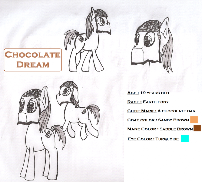 Size: 1600x1440 | Tagged: safe, artist:adrien-y, derpibooru import, oc, oc:chocolate dream, unofficial characters only, earth pony, pony, army of hooves, chocolate bar, face veil, headband, reference sheet, tail wrap, veil
