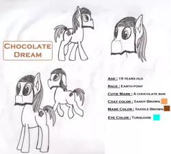 Size: 1600x1440 | Tagged: safe, artist:adrien-y, derpibooru import, oc, oc:chocolate dream, unofficial characters only, earth pony, pony, army of hooves, chocolate bar, face veil, headband, reference sheet, tail wrap, veil