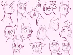 Size: 4000x3000 | Tagged: safe, artist:askbubblelee, derpibooru import, pony, expressions, female, floppy ears, looking at you, looking back, looking up, mare, monochrome, open mouth, practice, practice drawing, simple background, sketch, smiling, surprised, unamused