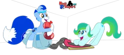 Size: 1272x568 | Tagged: safe, artist:rupertbluefox, derpibooru import, oc, oc:delphina depths, oc:rupert the blue fox, ponified, unofficial characters only, earth pony, fox, fox pony, pony, art trade, balloon, balloon sitting, furry, furry oc, hug, ponified oc, pump, simple background, transparent background, wingding eyes