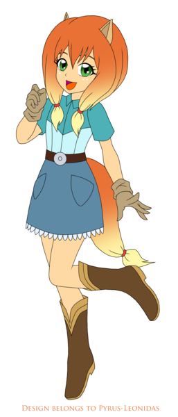 Size: 1147x2680 | Tagged: artist:pyrus-leonidas, belt, belt buckle, boots, clothes, cowboy boots, cowgirl, denim skirt, derpibooru import, eared humanization, gloves, human, humanized, humanized oc, looking at you, oc, oc:apple jane, open mouth, pigtails, raised leg, safe, shirt, shoes, simple background, skirt, smiling, solo, tailed humanization, transparent background, unofficial characters only