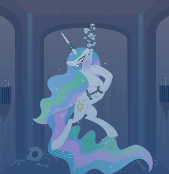 Size: 4000x4094 | Tagged: artist:pinstripe panda, asphyxiation, bone, bound wings, bubble, derpibooru import, drowning, eyes closed, fetish, imminent death, magic suppression, missing accessory, princess celestia, semi-grimdark, skull, solo, underwater, vector