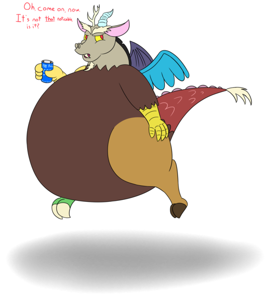 Size: 2160x2430 | Tagged: artist:bloatable, belly, bhm, derpibooru import, discord, fat, fatcord, fat legs, fat tail, floating, misspelling, neck fat, safe, simple background, soda can, solo, transparent background