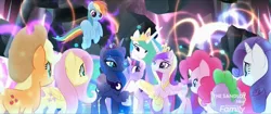 Size: 1920x808 | Tagged: safe, derpibooru import, screencap, applejack, fluttershy, pinkie pie, princess cadance, princess celestia, princess luna, rainbow dash, rarity, spike, twilight sparkle, twilight sparkle (alicorn), alicorn, dragon, pony, my little pony: the movie, the making of my little pony movie, alicorn tetrarchy, cute, discovery family logo, hug, mane six, momlestia, smiling