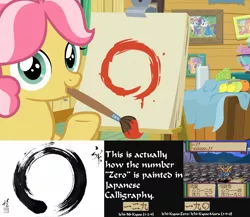 Size: 1920x1668 | Tagged: safe, artist:arima, derpibooru import, edit, edited screencap, screencap, babs seed, kettle corn, rainbow dash, rarity, tender taps, earth pony, pony, marks and recreation, 0, analysis, apple, bottle, calligraphy, candy, circle, circle painting, colt, educational, female, filly, foal, food, grapes, gundam, japan, japanese, lemon, looking at you, looking back, male, milk, milk bottle, mouth hold, orange, paint, paintbrush, painting, pictures, sd gundam, smiling, solo, super nintendo, super robot wars, video game, zero, zeta gundam