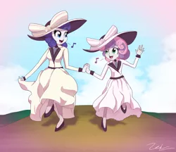 Size: 2313x2000 | Tagged: safe, artist:zelc-face, derpibooru import, rarity, sweetie belle, equestria girls, clothes, cute, diasweetes, dress, female, giant hat, hat, holding hands, music notes, raribetes, raristocrat, rose dewitt bukater, singing, sisters, skipping, smiling, titanic