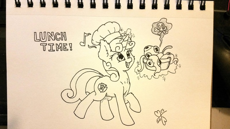 Size: 3771x2121 | Tagged: safe, artist:malwinters, derpibooru import, sweetie belle, pony, squid, bowl, dialogue, inktober, magic, open mouth, telekinesis, traditional art