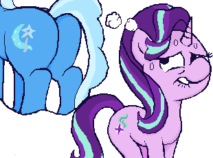 Size: 310x230 | Tagged: questionable, artist:nugakku, derpibooru import, starlight glimmer, trixie, pony, unicorn, aseprite, dat butt, female, flipnote studio 3d, lesbian, lip bite, meme, pixel art, plot, shipping, simple background, startrix, thinking, thought bubble, unf, white background