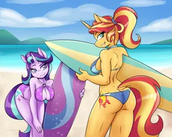 Size: 2571x2061 | Tagged: suggestive, artist:ambris, derpibooru import, starlight glimmer, sunset shimmer, anthro, unicorn, adorasexy, arm boob squeeze, ass, beach, beach babe, bicolor swimsuit, bikini, bikini babe, blue swimsuit, blushing, breasts, bunset shimmer, busty starlight glimmer, busty sunset shimmer, cleavage, clothes, cute, duo, duo female, female, glimmerbetes, mare, o-ring swimsuit, ponytail, purple swimsuit, sexy, shimmerbetes, star printed swimsuit, stupid sexy starlight glimmer, stupid sexy sunset shimmer, surfboard, swimsuit, wedgie