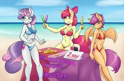 Size: 2295x1497 | Tagged: suggestive, artist:ambris, derpibooru import, apple bloom, scootaloo, sweetie belle, anthro, earth pony, pegasus, unicorn, adorabloom, adorasexy, beach, belly button, bicolor swimsuit, bikini, blue swimsuit, bocas top, breasts, cleavage, clothes, cute, cutealoo, cutie mark, cutie mark crusaders, diasweetes, female, females only, food, image, mare, o-ring swimsuit, older, png, popsicle, red swimsuit, sexy, string bikini, stupid sexy apple bloom, stupid sexy scootaloo, stupid sexy sweetie belle, swimsuit, the cmc's cutie marks, thong swimsuit, tricolor swimsuit, trio, trio female