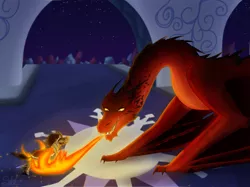 Size: 2535x1900 | Tagged: safe, artist:haasiophis-sahel, derpibooru import, king sombra, dragon, pony, unicorn, crossover, crystal empire, dragonfire, duo, fanart mashup challenge, fight, fire, fire breath, lord of the rings, male, smaug the golden, stallion