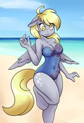 Size: 1115x1642 | Tagged: adorasexy, anthro, artist:ambris, beach, beach babe, blue swimsuit, blushing, breasts, clothes, cute, cutie mark swimsuit, derpabetes, derpibooru import, derpy hooves, female, mare, one-piece swimsuit, pegasus, sexy, smiling, solo, solo female, stupid sexy derpy, suggestive, swimsuit, unguligrade anthro