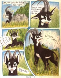 Size: 1072x1364 | Tagged: africa, animal in mlp form, antelope, artist:thefriendlyelephant, bush, cloven hooves, comic, comic:sable story, concerned, derpibooru import, distressed, eek, giant sable antelope, grass, horns, oc, oc:sabe, pain, rock, safe, traditional art, unofficial characters only