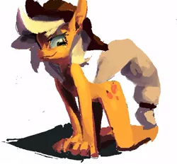 Size: 528x489 | Tagged: all fours, anthro, applejack, artist:derekireba, derpibooru import, looking at you, raised tail, safe, simple background, smiling, tail, unguligrade anthro