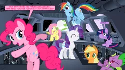 Size: 1920x1080 | Tagged: safe, artist:christhes, derpibooru import, applejack, fluttershy, pinkie pie, rainbow dash, rarity, spike, twilight sparkle, twilight sparkle (alicorn), alicorn, dragon, pony, bipedal, crossover, dancing, death star, dialogue, fanart mashup challenge, laughing, let's do the time warp again, mane seven, mane six, rocky horror picture show, star wars, twilight is not amused, unamused
