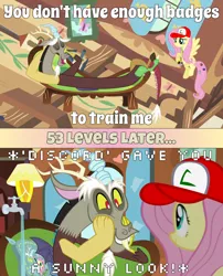 Size: 1250x1548 | Tagged: safe, derpibooru import, edit, edited screencap, screencap, discord, fluttershy, draconequus, pegasus, pony, discordant harmony, keep calm and flutter on, duo, female, hat, image macro, male, mare, meme, pokémon, screencap comic, ultra ball