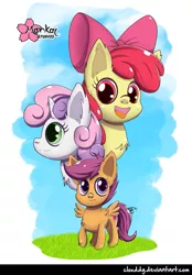 Size: 695x1000 | Tagged: safe, artist:clouddg, derpibooru import, apple bloom, scootaloo, sweetie belle, earth pony, pegasus, pony, unicorn, cutie mark crusaders, female, filly, open mouth, pony pile, signature, the cmc's cutie marks, tower of pony