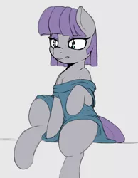 Size: 952x1228 | Tagged: suggestive, artist:spectre-z, derpibooru import, maud pie, pony, clothes, drawpile, female, lidded eyes, off shoulder, raised leg, simple background, sitting, sketch, solo