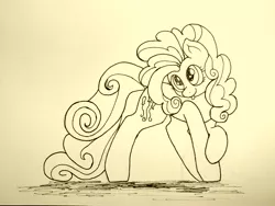 Size: 4640x3480 | Tagged: safe, artist:mang, derpibooru import, pinkie pie, alternate hairstyle, inktober, monochrome, poofy pie, solo, tongue out