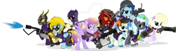 Size: 1024x297 | Tagged: safe, artist:mlp-trailgrazer, derpibooru import, oc, oc:cloud 9, oc:doodle, oc:draft, oc:ellie, oc:feather paint, oc:lavander cavalarie, oc:nik, oc:thunder shine, oc:trail grazer, unofficial characters only, gazelle, pegasus, pony, unicorn, crossover, demoman, engineer, eyepatch, female, heavy weapons guy, mare, medic, pyro, scout, simple background, sniper, soldier, spy, team fortress 2, transparent background, watermark, wing hands